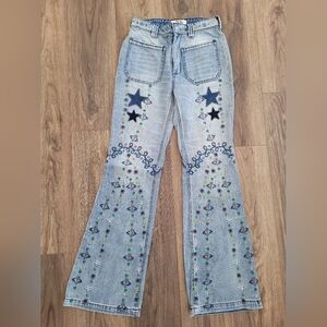 We The Free Delphin Embroidered Patch Pocket High Rise Flare Jeans